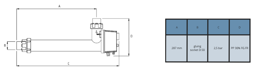 Plan technique du réchauffeur électrique 3 kW pour spa, dimensions et connexions détaillées